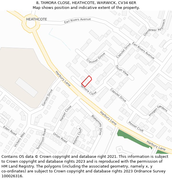 8, TAMORA CLOSE, HEATHCOTE, WARWICK, CV34 6ER: Location map and indicative extent of plot