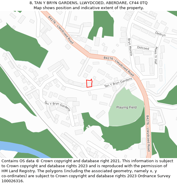 8, TAN Y BRYN GARDENS, LLWYDCOED, ABERDARE, CF44 0TQ: Location map and indicative extent of plot