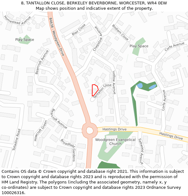 8, TANTALLON CLOSE, BERKELEY BEVERBORNE, WORCESTER, WR4 0EW: Location map and indicative extent of plot