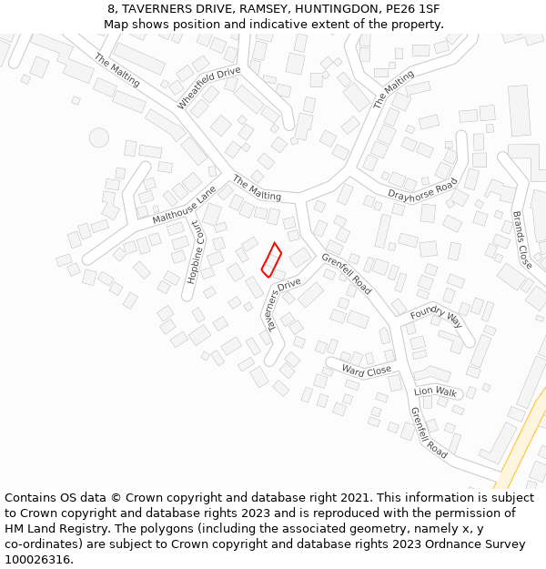 8, TAVERNERS DRIVE, RAMSEY, HUNTINGDON, PE26 1SF: Location map and indicative extent of plot