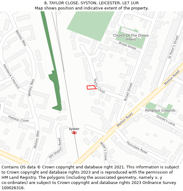 8, TAYLOR CLOSE, SYSTON, LEICESTER, LE7 1UR: Location map and indicative extent of plot