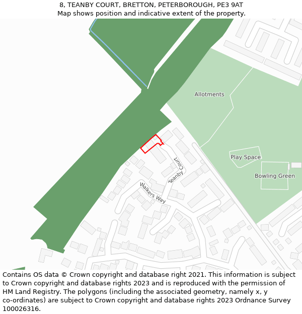 8, TEANBY COURT, BRETTON, PETERBOROUGH, PE3 9AT: Location map and indicative extent of plot