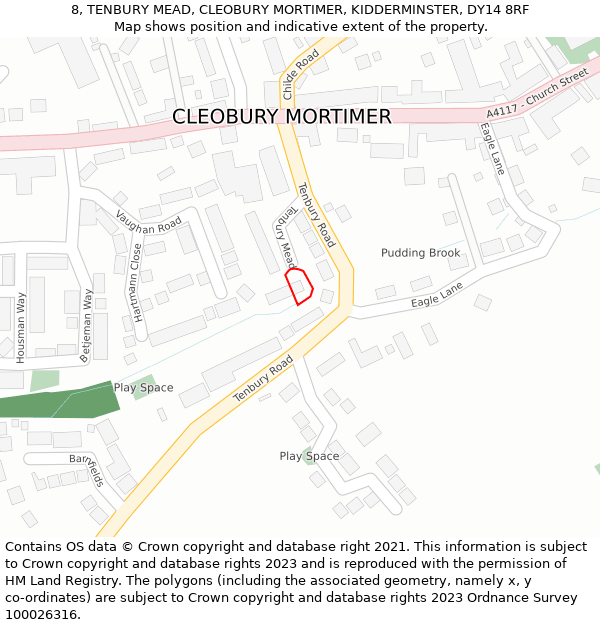 8, TENBURY MEAD, CLEOBURY MORTIMER, KIDDERMINSTER, DY14 8RF: Location map and indicative extent of plot