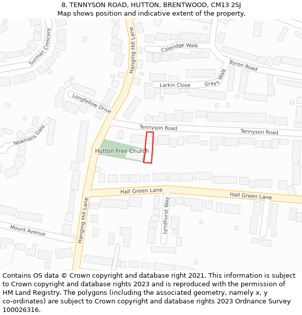 8, TENNYSON ROAD, HUTTON, BRENTWOOD, CM13 2SJ: Location map and indicative extent of plot