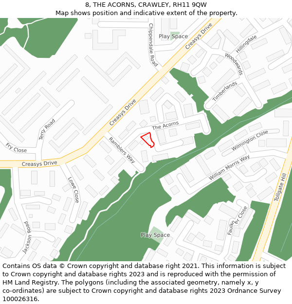 8, THE ACORNS, CRAWLEY, RH11 9QW: Location map and indicative extent of plot