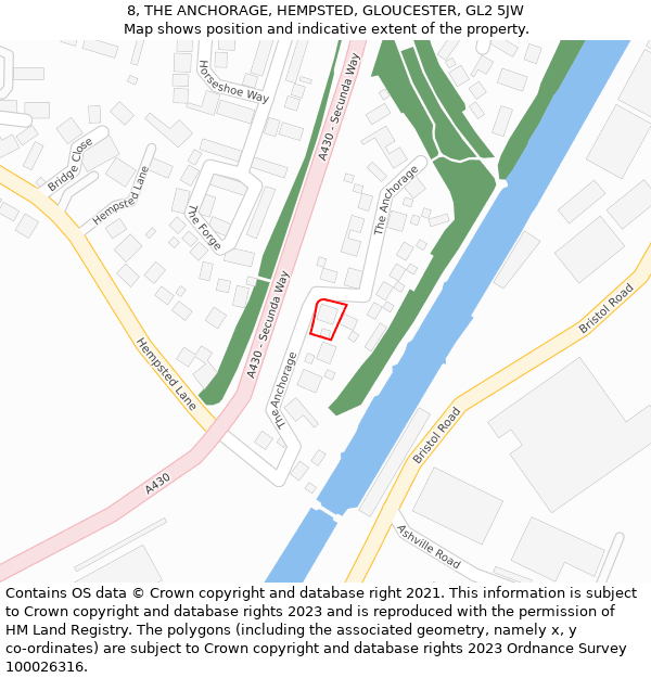 8, THE ANCHORAGE, HEMPSTED, GLOUCESTER, GL2 5JW: Location map and indicative extent of plot