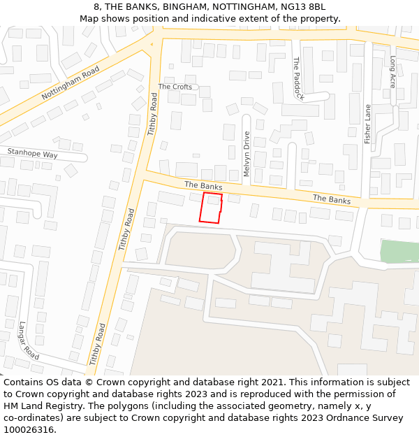 8, THE BANKS, BINGHAM, NOTTINGHAM, NG13 8BL: Location map and indicative extent of plot