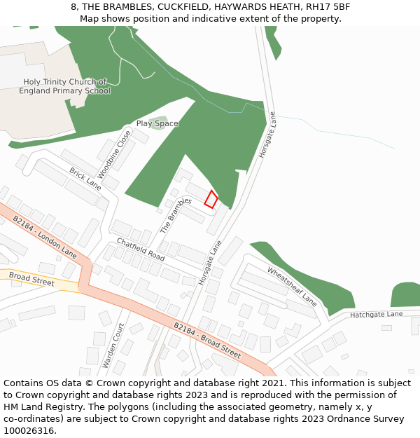 8, THE BRAMBLES, CUCKFIELD, HAYWARDS HEATH, RH17 5BF: Location map and indicative extent of plot