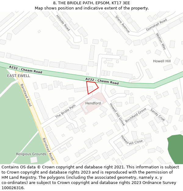 8, THE BRIDLE PATH, EPSOM, KT17 3EE: Location map and indicative extent of plot