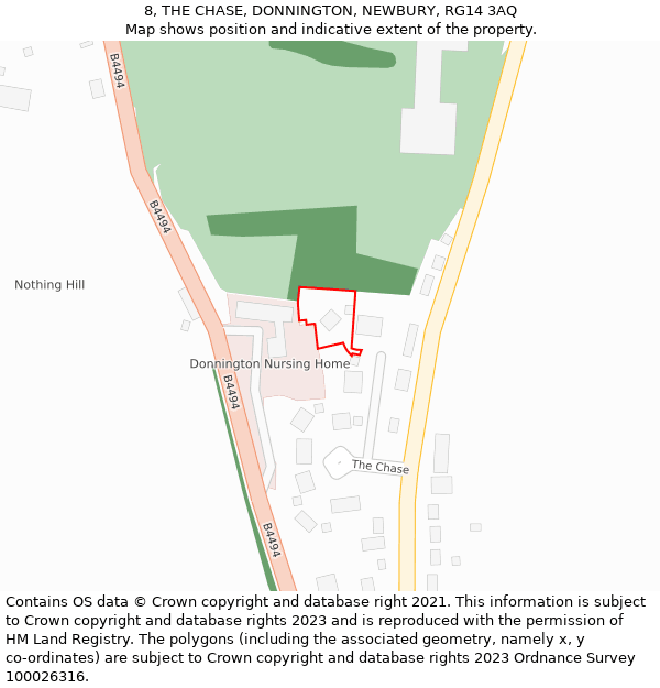 8, THE CHASE, DONNINGTON, NEWBURY, RG14 3AQ: Location map and indicative extent of plot