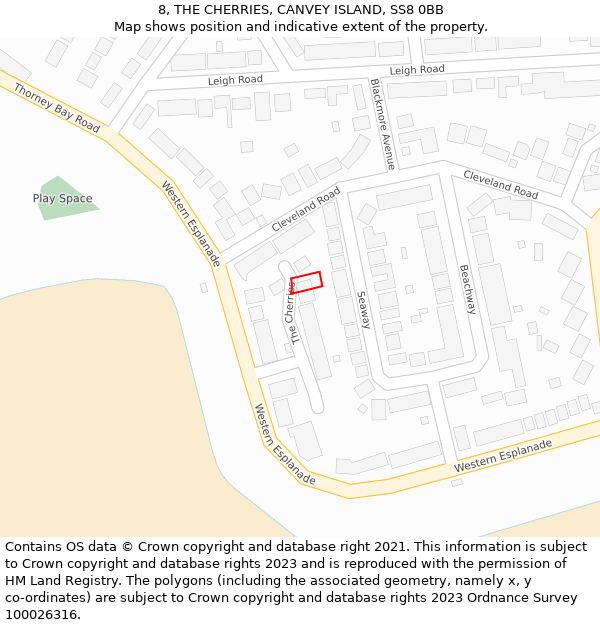 8, THE CHERRIES, CANVEY ISLAND, SS8 0BB: Location map and indicative extent of plot