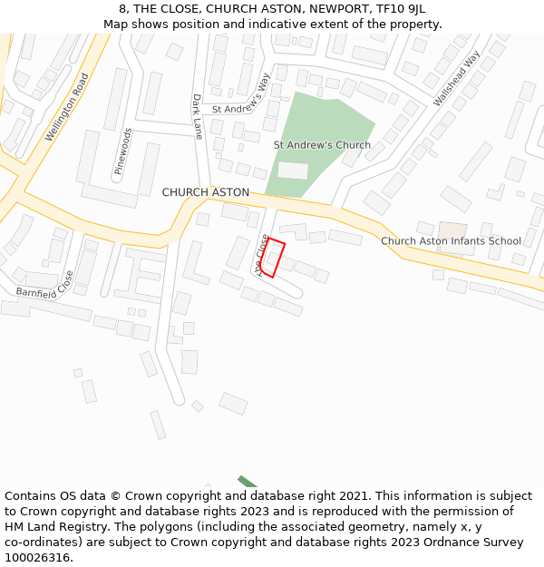 8, THE CLOSE, CHURCH ASTON, NEWPORT, TF10 9JL: Location map and indicative extent of plot