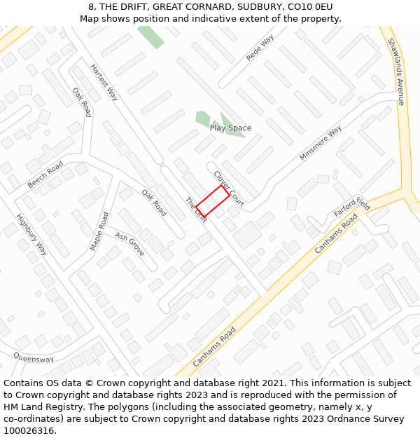 8, THE DRIFT, GREAT CORNARD, SUDBURY, CO10 0EU: Location map and indicative extent of plot