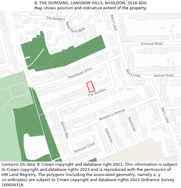 8, THE DURDANS, LANGDON HILLS, BASILDON, SS16 6DA: Location map and indicative extent of plot