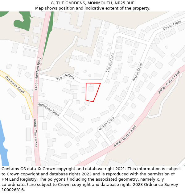 8, THE GARDENS, MONMOUTH, NP25 3HF: Location map and indicative extent of plot