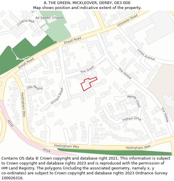 8, THE GREEN, MICKLEOVER, DERBY, DE3 0DE: Location map and indicative extent of plot