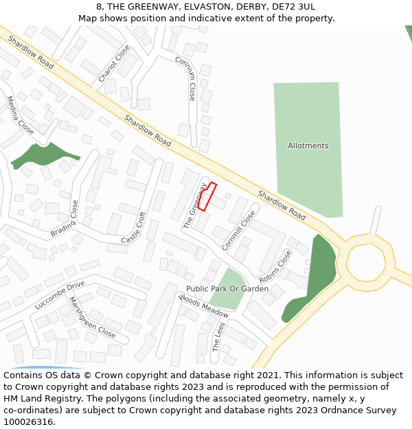 8, THE GREENWAY, ELVASTON, DERBY, DE72 3UL: Location map and indicative extent of plot