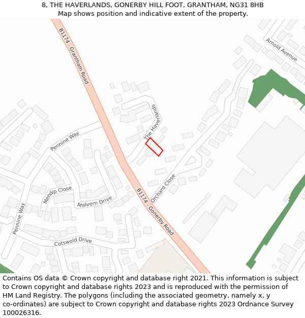 8, THE HAVERLANDS, GONERBY HILL FOOT, GRANTHAM, NG31 8HB: Location map and indicative extent of plot