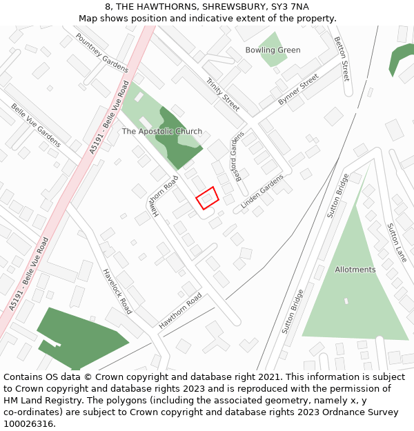 8, THE HAWTHORNS, SHREWSBURY, SY3 7NA: Location map and indicative extent of plot