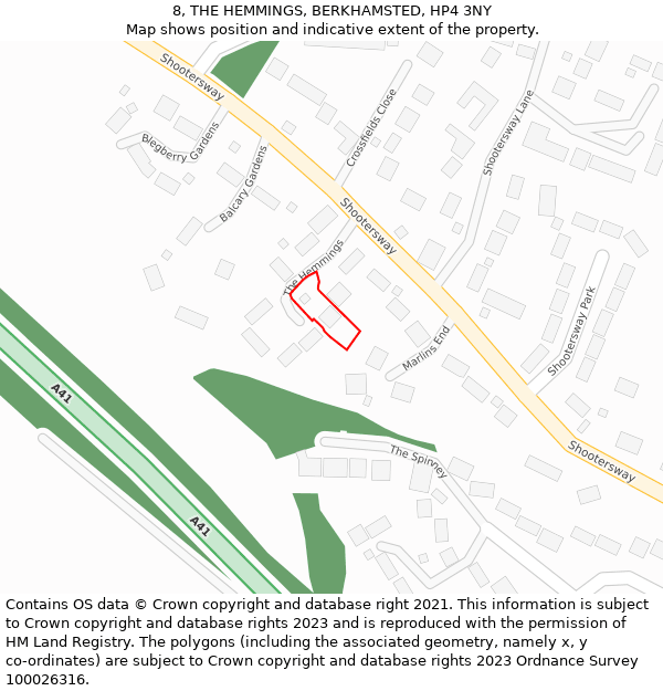 8, THE HEMMINGS, BERKHAMSTED, HP4 3NY: Location map and indicative extent of plot