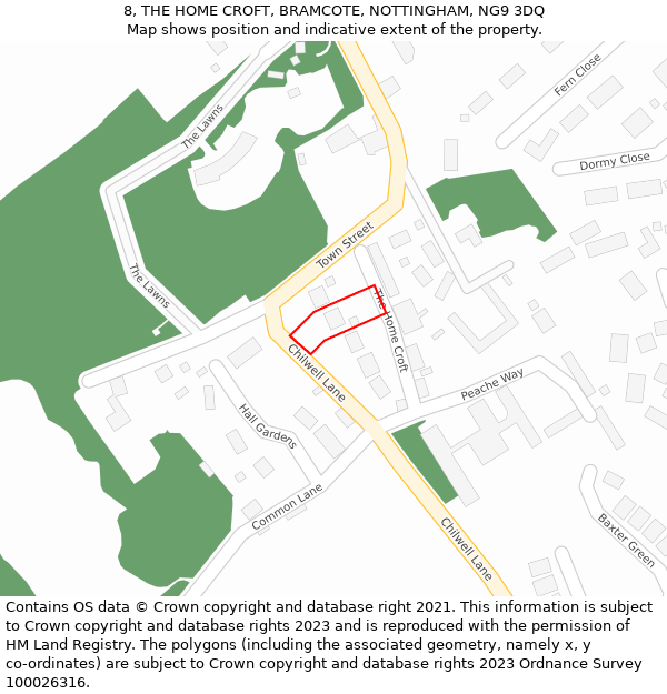 8, THE HOME CROFT, BRAMCOTE, NOTTINGHAM, NG9 3DQ: Location map and indicative extent of plot