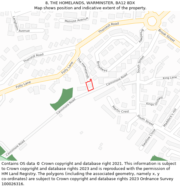 8, THE HOMELANDS, WARMINSTER, BA12 8DX: Location map and indicative extent of plot