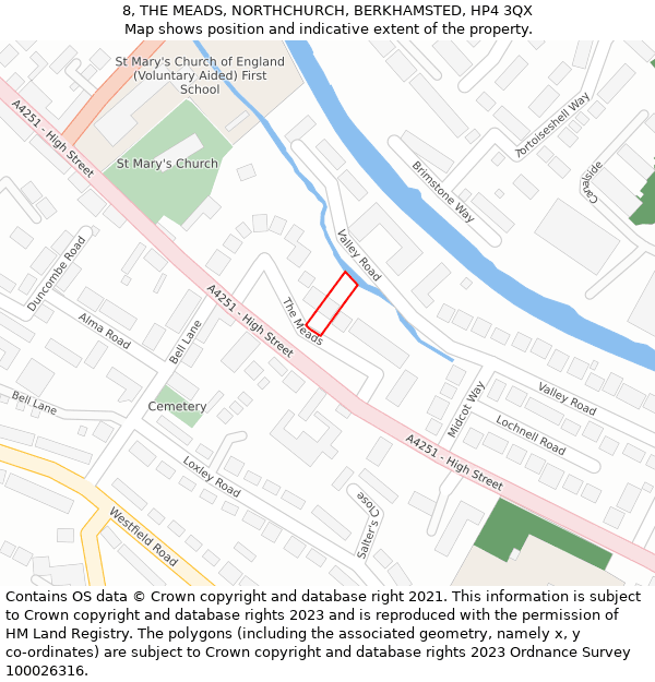 8, THE MEADS, NORTHCHURCH, BERKHAMSTED, HP4 3QX: Location map and indicative extent of plot