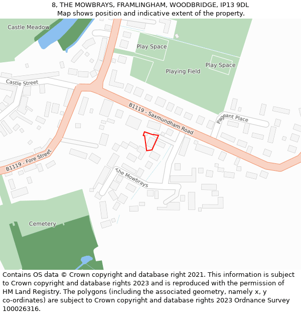 8, THE MOWBRAYS, FRAMLINGHAM, WOODBRIDGE, IP13 9DL: Location map and indicative extent of plot