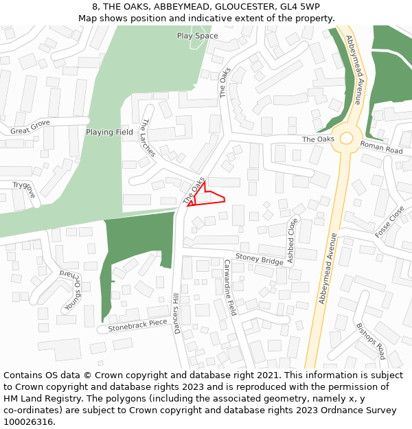 8, THE OAKS, ABBEYMEAD, GLOUCESTER, GL4 5WP: Location map and indicative extent of plot