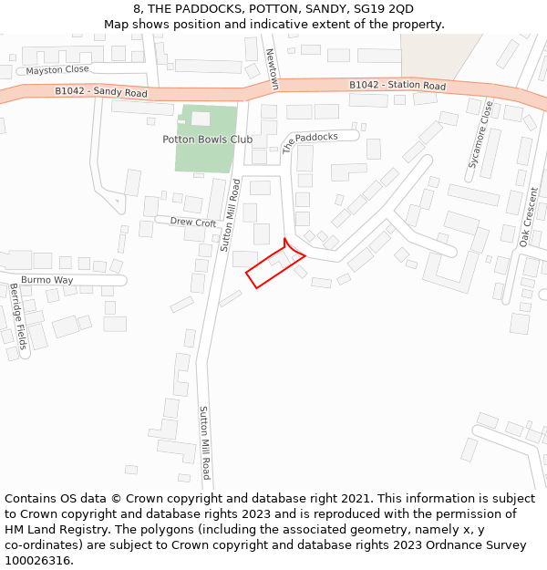 8, THE PADDOCKS, POTTON, SANDY, SG19 2QD: Location map and indicative extent of plot