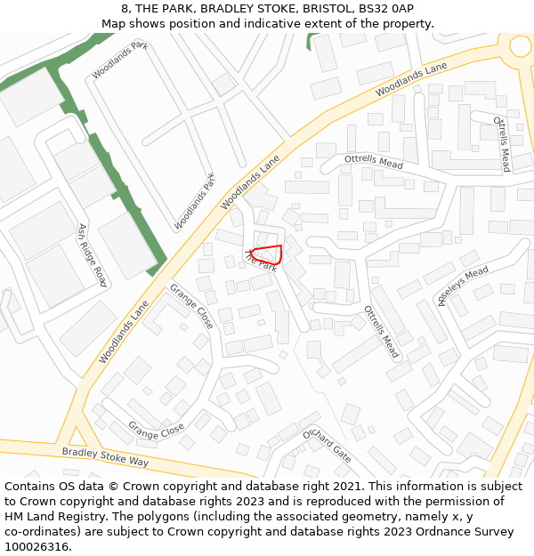 8, THE PARK, BRADLEY STOKE, BRISTOL, BS32 0AP: Location map and indicative extent of plot