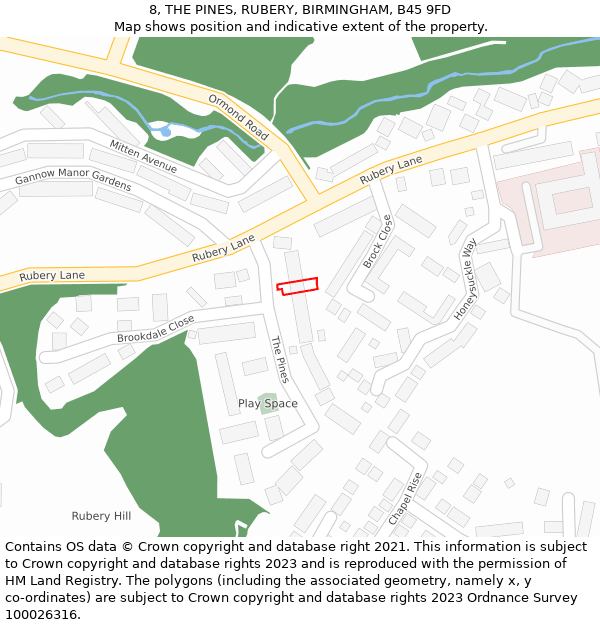 8, THE PINES, RUBERY, BIRMINGHAM, B45 9FD: Location map and indicative extent of plot