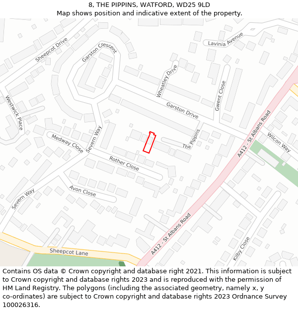8, THE PIPPINS, WATFORD, WD25 9LD: Location map and indicative extent of plot