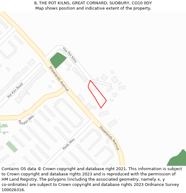 8, THE POT KILNS, GREAT CORNARD, SUDBURY, CO10 0DY: Location map and indicative extent of plot