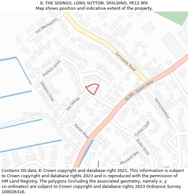 8, THE SIDINGS, LONG SUTTON, SPALDING, PE12 9FA: Location map and indicative extent of plot