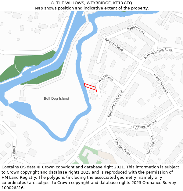 8, THE WILLOWS, WEYBRIDGE, KT13 8EQ: Location map and indicative extent of plot