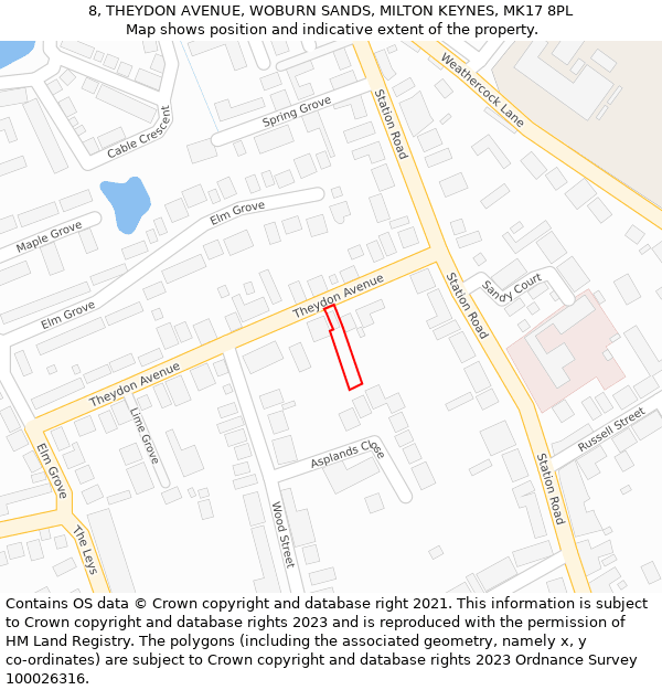 8, THEYDON AVENUE, WOBURN SANDS, MILTON KEYNES, MK17 8PL: Location map and indicative extent of plot