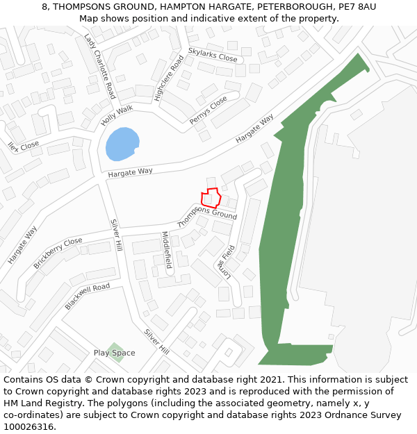 8, THOMPSONS GROUND, HAMPTON HARGATE, PETERBOROUGH, PE7 8AU: Location map and indicative extent of plot