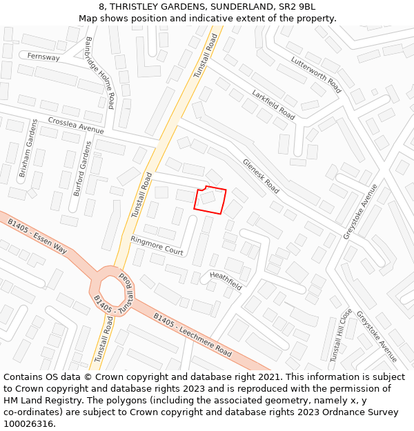 8, THRISTLEY GARDENS, SUNDERLAND, SR2 9BL: Location map and indicative extent of plot