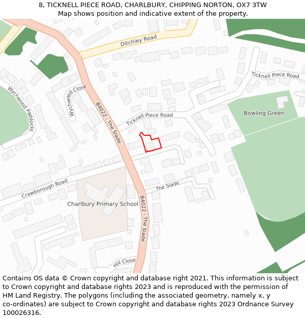 8, TICKNELL PIECE ROAD, CHARLBURY, CHIPPING NORTON, OX7 3TW: Location map and indicative extent of plot