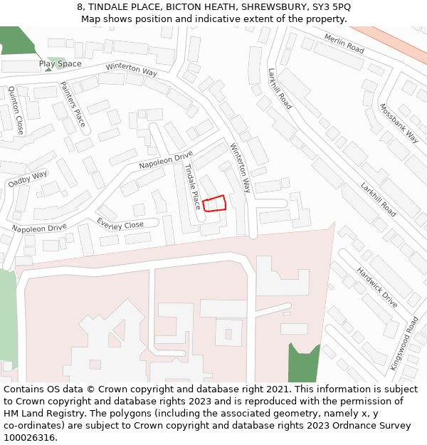 8, TINDALE PLACE, BICTON HEATH, SHREWSBURY, SY3 5PQ: Location map and indicative extent of plot