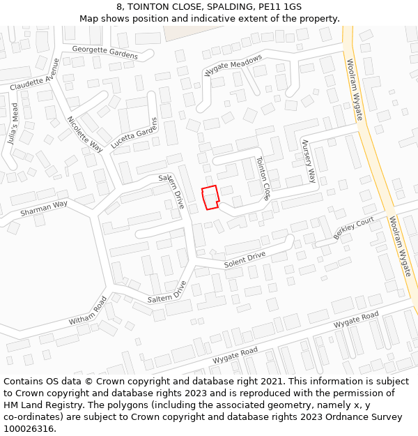 8, TOINTON CLOSE, SPALDING, PE11 1GS: Location map and indicative extent of plot