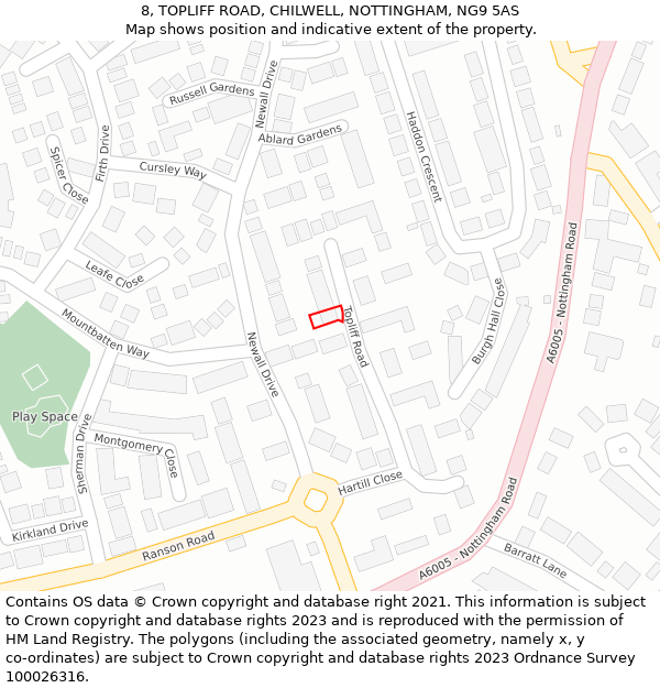 8, TOPLIFF ROAD, CHILWELL, NOTTINGHAM, NG9 5AS: Location map and indicative extent of plot