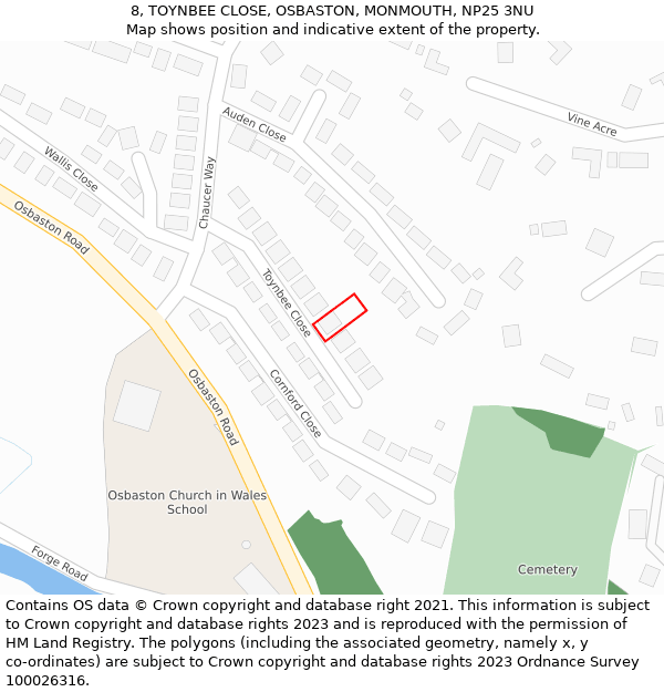 8, TOYNBEE CLOSE, OSBASTON, MONMOUTH, NP25 3NU: Location map and indicative extent of plot