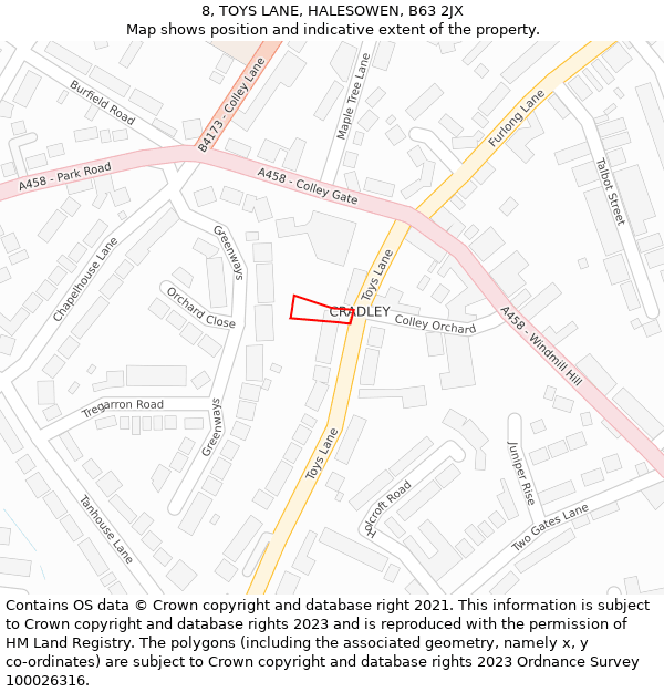 8, TOYS LANE, HALESOWEN, B63 2JX: Location map and indicative extent of plot