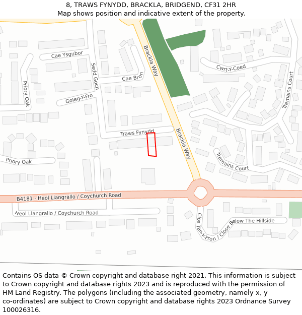 8, TRAWS FYNYDD, BRACKLA, BRIDGEND, CF31 2HR: Location map and indicative extent of plot