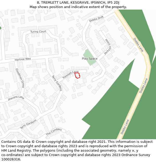 8, TREMLETT LANE, KESGRAVE, IPSWICH, IP5 2DJ: Location map and indicative extent of plot