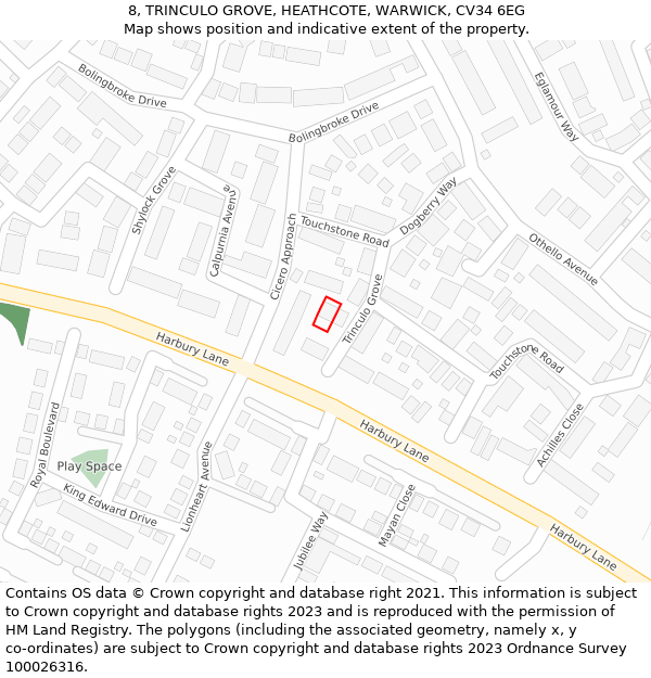 8, TRINCULO GROVE, HEATHCOTE, WARWICK, CV34 6EG: Location map and indicative extent of plot