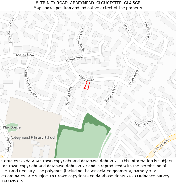 8, TRINITY ROAD, ABBEYMEAD, GLOUCESTER, GL4 5GB: Location map and indicative extent of plot