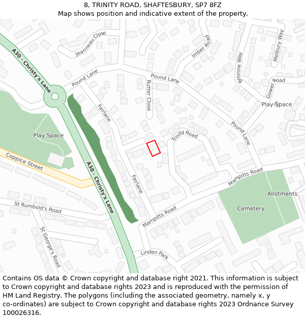 8, TRINITY ROAD, SHAFTESBURY, SP7 8FZ: Location map and indicative extent of plot